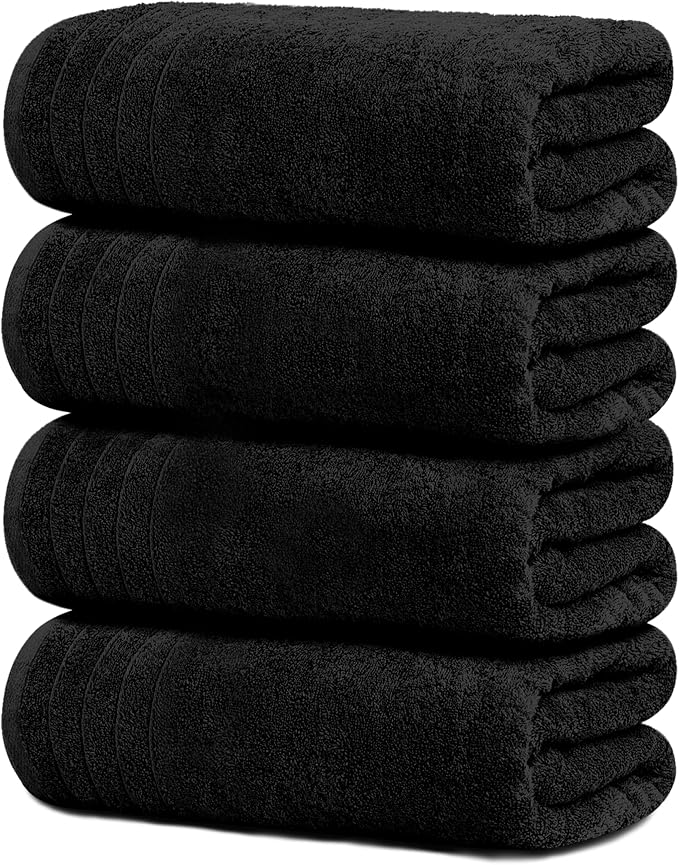 4 Piece Extra Large Bath Towels 30 x 60 Inches, Black | 100% Cotton, Larger & Lighter Weight, Quicker to Dry, Super Soft and Absorbent, Perfect for Bathroom