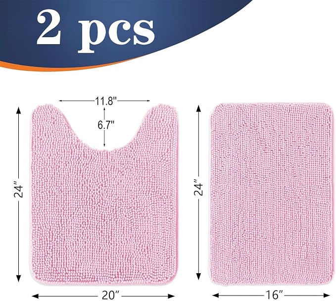 OLANLY Chenille Bathroom Rugs Mats Sets 2 Piece, 24"x16"+24"x20", Pink | Soft Absorbent Bath Mat and U-Shaped Contour Toilet Rug Set, Quick Dry, Machine Washable Bath Carpet, Home Decor Accessories
