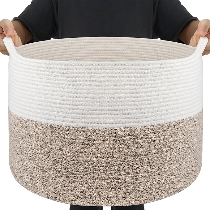 Throw Blanket Basket for Living Room, Extra Large Cotton Rope Basket for Storage, Woven Laundry Towel Hamper with Handles, Baby Toy Storage, 22" x 22" x 14" Pillow Bin