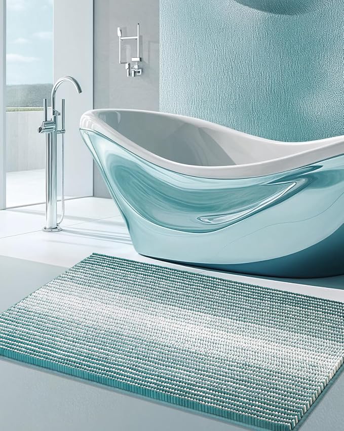 BSICPRO Large Chenille Bathroom Rugs, 24x43 Striped Bath Mats, Aqua Green | Non Slip Backing, Extra Soft Absorbent, Quick Dry Machine Washable, Shower Rug for Bathroom Floor, Tub, Bedroom Decor