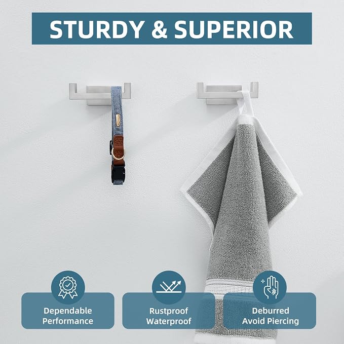 Angle Simple Bathroom Double Hook 2 PCS, SUS304 Stainless Steel Hand Towel Holder, Bath Towel Hanger, Modern Robe Hook for Wall, Brushed Nickel