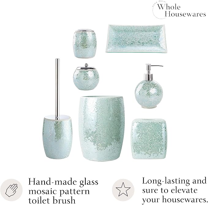 WHOLE HOUSEWARES Modern Toilet Brush Set, Turquoise (1 Glass Mosaic Bathroom Accessory)