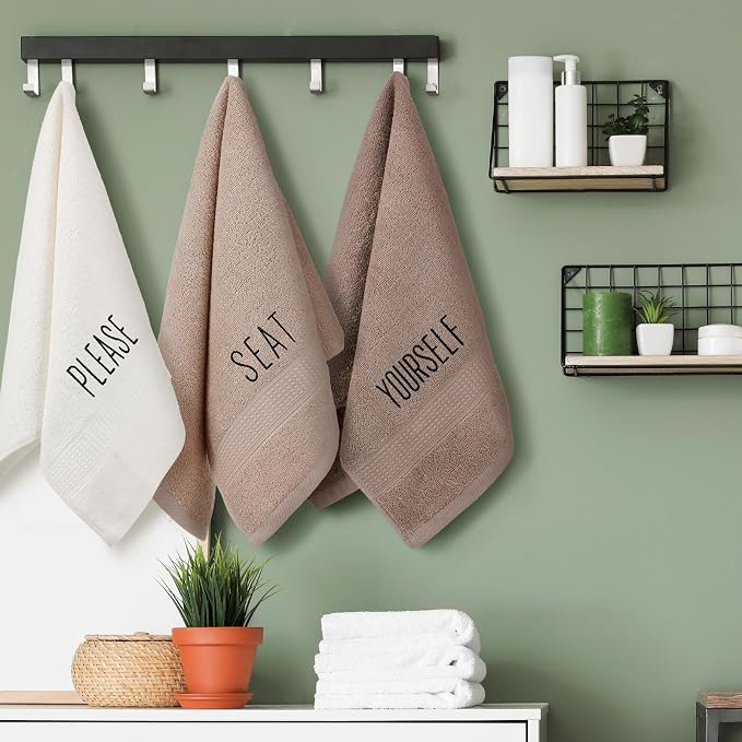 3 Pcs Hand Towels Bathroom Set,Brown,Please Seat Yourself | Embroidered Cotton Farmhouse Towels, Kitchen Decor, Rustic Boho Decorative with Text Labels, Guest Bath Home