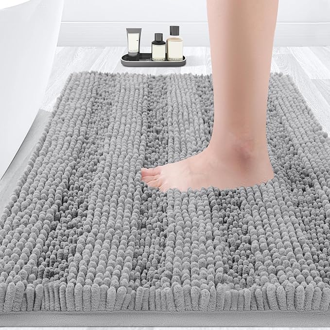 ACCUMTEK Striped Light Grey Bathroom Rug Mat 32"x20" Ultra Soft, Non Slip Chenille Bath Rugs, Absorbent Plush Shaggy Bath Mats for Bathroom, Bedroom, Kitchen, Shower, Tub,Light Gray