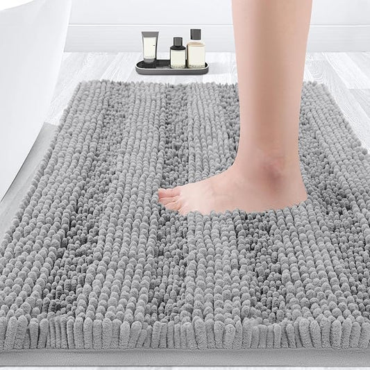 ACCUMTEK Striped Light Grey Bathroom Rug Mat 32"x20" Ultra Soft, Non Slip Chenille Bath Rugs, Absorbent Plush Shaggy Bath Mats for Bathroom, Bedroom, Kitchen, Shower, Tub,Light Gray