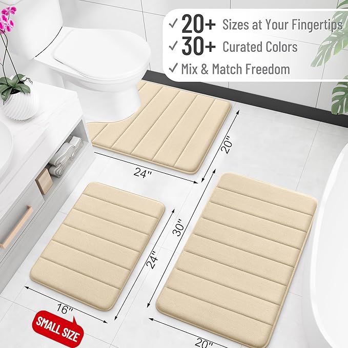 OLANLY Memory Foam Toilet Rugs U Shaped 24x20, Super Soft and Absorbent | Beige, Quick Dry Commode Contour Bath Rugs, Machine Washable Toilet Mat, Comfortable Bathmat Carpet for Bathroom Floor