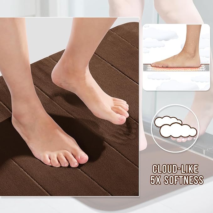 Yimobra Large Bath Mat Set 2 Piece- Super Soft Absorbent Quick Dry Memory Foam Bathroom Rugs, Machine Washable Non Slip Floor Carpet for Tub Shower & Double Vanity (17x24 & 44x24, Brown)