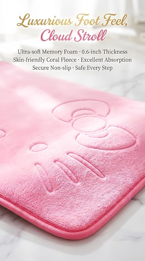 Pink Cartoon Non Slip Memory Foam Bath Mat 15.75 x 23.62 Inch | Cute Design,Super Soft & Water Absorbent Multi-Use Rug, Suitable for Bathroom, Bedroom, Living Room and Entry Door