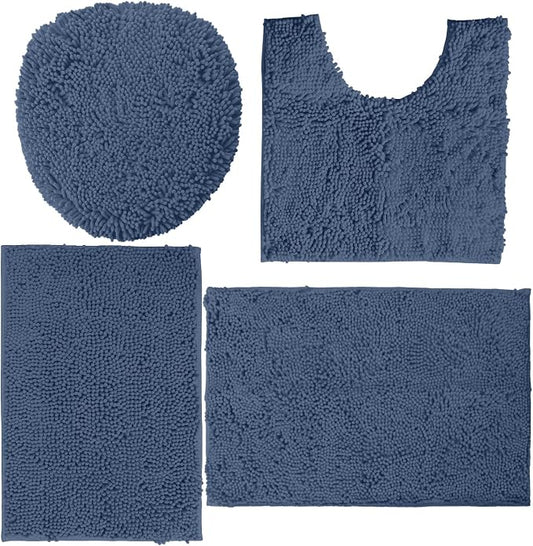 LuxUrux Bathroom Rugs Sets 4 Piece - Non-Slip Shaggy Chenille Mat Set - U-Shaped Contour Toilet Mat, Lid Cover, 30x20+18x18+20x20'' Bath Mat, Machine Washable - Medium Blue