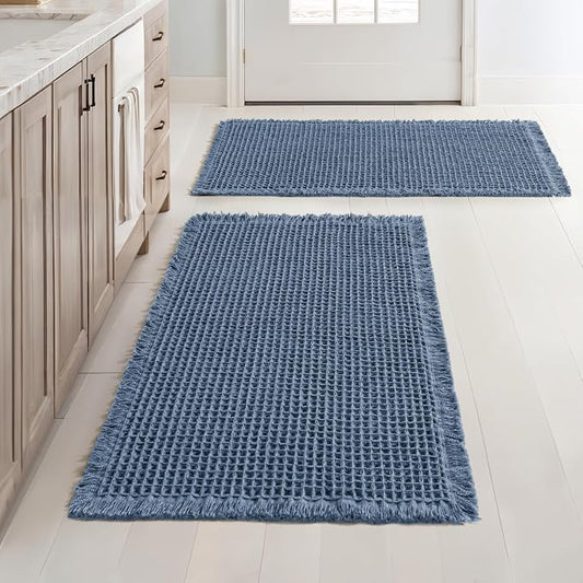 MIULEE Set of 2 Waffle Bathroom Rugs Boho Bath Mat Blue 18x30 Inch | Non Slip, Super Absorbent, Washable, Ultra Soft, Rubber Backed Bath Rugs for Bathroom Floor Tub Shower