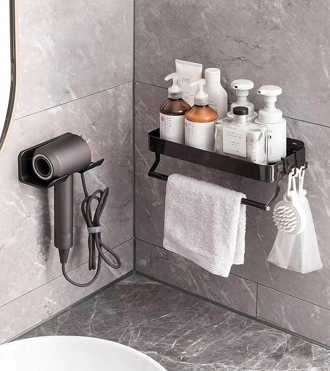 Universal Hair Dryer Holder, Blow Dryer Hanger Wall Mount for Hair Dryer Hook with Plug&Cord Organizer Self Adhesive for Cabinet Bathroom(1 Pack Black) | Universal storage rack fits most brand blow dryers, ideal for bathroom organization