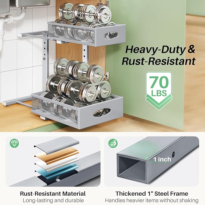 Under Sink Organizer, 2-Pack Pull Out Cabinet Organizer 2 Tier Metal Slide Out Storage Shelf Rack, L-Shaped Adjustable Height,Mesh Sliding Drawer for Kitchen, Bathroom, Laundry, Pantry, Grey, XL