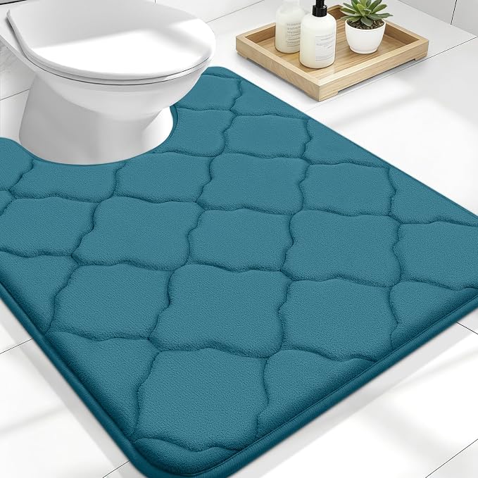 OLANLY Memory Foam Toilet Rugs U-Shaped 24x20, Soft Bath Mat, Peacock Blue | Thick Absorbent Carpet, Non-Slip Backing, Machine Washable, for Bathroom Floor, Tub, Shower and Home Decor Accessories