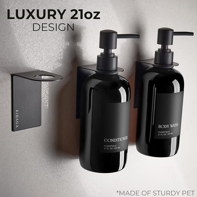 Stylish Shampoo & Conditioner Dispenser Set of 3 - Wall Mount, Drill Free | Modern 21oz Shower Soap Bottles with Labels - Easy Refill Body Wash Dispensers for an Instant Bathroom Decor Upgrade