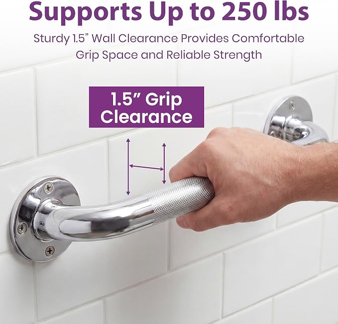 12 Inch Grab Bars for Bathtubs and Showers - Chrome Knurled Bathroom Safety Rail Handle - Non Slip Textured Grip Handicap Grab Bar for Seniors, 250 lbs Weight Support Capacity