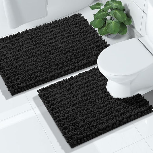 Yimobra Bathroom Rugs Sets 2 Piece - Quick Dry Extra Thick Luxury Chenille Bath Mat, Non Slip Super Absorbent for Tub Shower Sink, Machine Washable Shaggy Floor Mat, 32"x20"+24"x20" Inch, Black