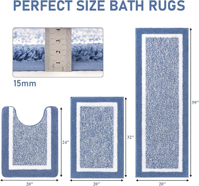 Pauwer Bathroom Rug Sets 3 Piece, Non Slip Washable Bath Mat, Blue | Soft Plush Microfiber, Super Absorbent Floor Carpet, U Shaped Toilet Mats, Quick Dry, Shaggy Shower Rugs Runners