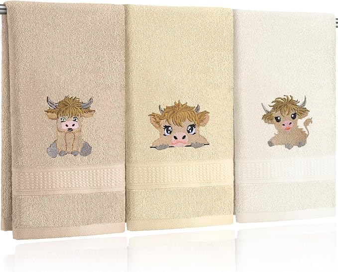 3 Pcs Mini Highland Cow Baby Hand Towels for Bathroom Kitchen Decor | Embroidered Calf Design, 100% Cotton, Farmhouse Bathroom Kitchen Decor, Absorbent Towels, Holiday Housewarming Gifts