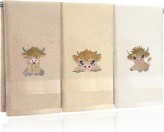 3 Pcs Mini Highland Cow Baby Hand Towels for Bathroom Kitchen Decor | Embroidered Calf Design, 100% Cotton, Farmhouse Bathroom Kitchen Decor, Absorbent Towels, Holiday Housewarming Gifts