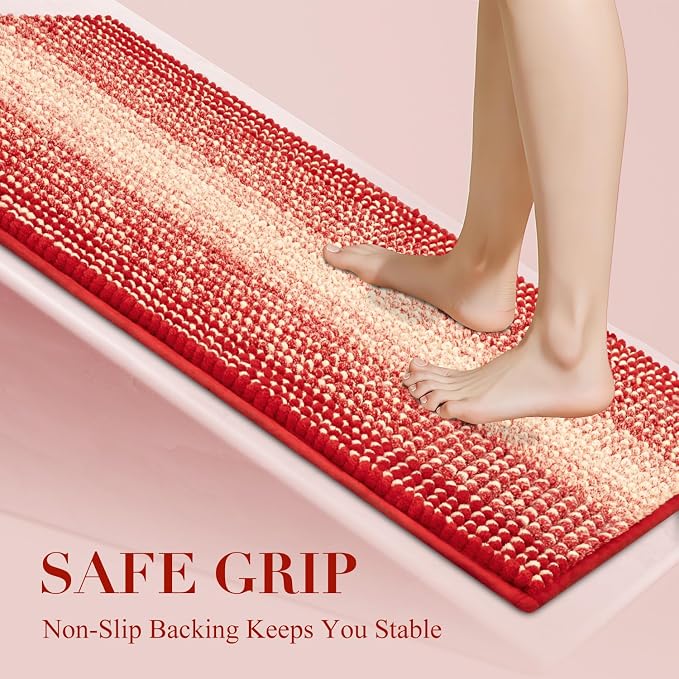 BSICPRO Bathroom Rugs, 17x24 Chenille Bath Mats, Christmas Red | Extra Soft Absorbent, Non Slip Striped, Quick Dry Machine Washable, Shower Rug for Bathroom Bedroom Decor