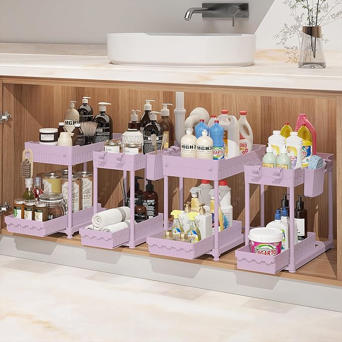 Sevenblue Under Sink Organizer, Bathroom Organizers and Storage, 2 Tier Multi-Use Pull Out Cabinet Organizer with Hang Hooks and Cups (Pink, 12.8 Inch)