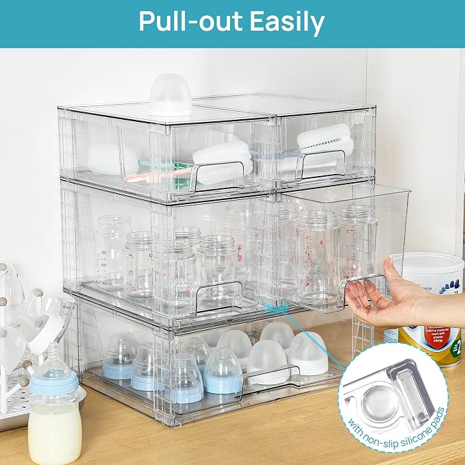 Vtopmart 7 Pack Stackable Storage Drawers, Easily Assemble Clear Plastic Organizer Bins, Storage Drawer Set for Pantry and Kitchen Cabinet Organization, Bathroom or Closet Storage