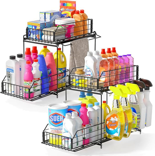SUEH DESIGN Under Sink Organizers and Storage, 2 Pack | 2 Tier Metal, Hanging Rail, Kitchen Bathroom Cabinet Organizer