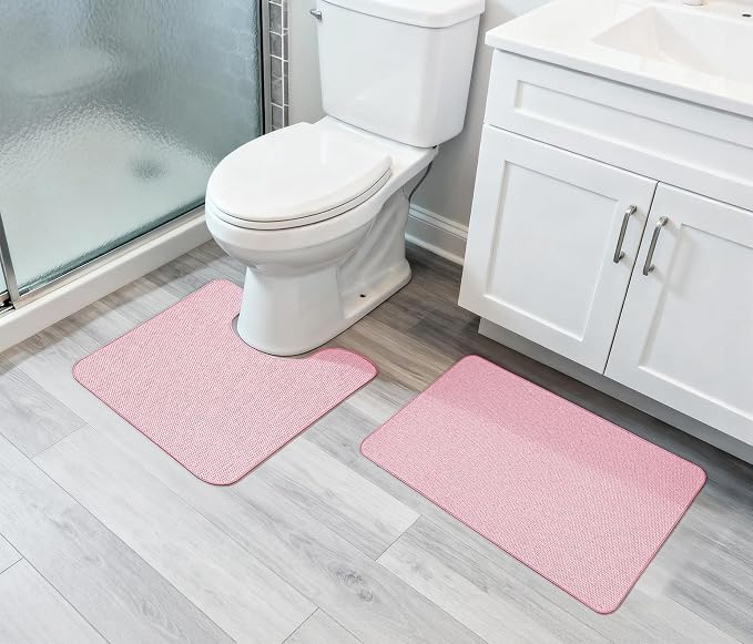 Bosap Bath Mat Set 2 Pieces,Ultra Thin Bathroom Rugs,Rubber Toilet Rugs | Non Slip,Quick Dry,Machine Washable,Low Pile,Absorbent,Shower,Sink,Bathroom Decor.(Pink,17"x27" Plus 20"x24"U Shaped)