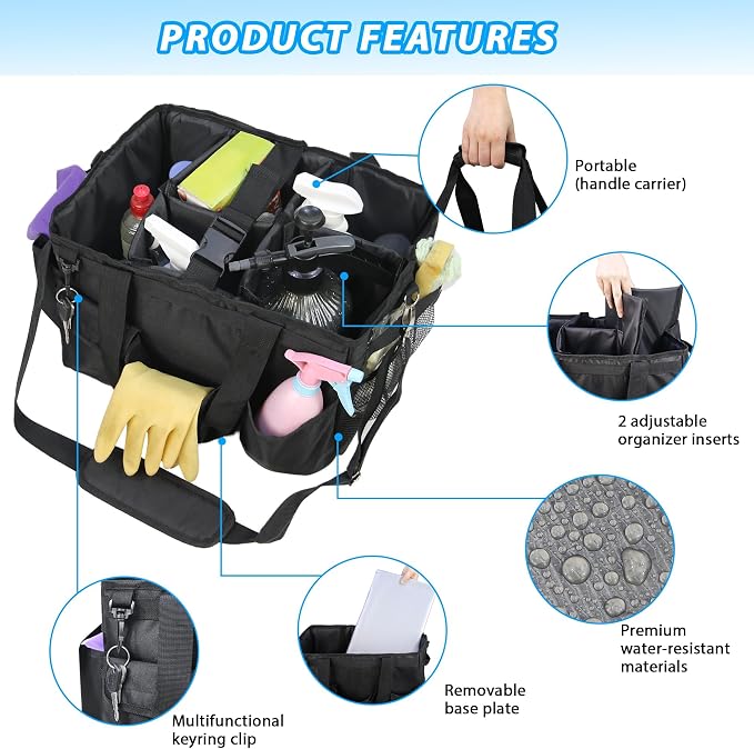 Cleaning Caddy Organizer With Handle,Cleaning Caddy Bag- Large Caddy Bag For House, Car Cleaning Supplies, Housekeeping Handbag With Adjustable Shoulder Straps (Black)