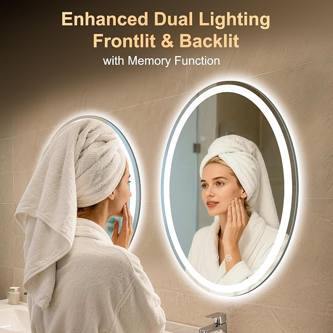 Oval LED Mirror for Bathroom,22x32 Lighted Vanity Mirror with Lights | Smart Anti-Fog, Dimmable 3 Color Modes, Backlit+Frontlit, Memory Function, HD Tempered Glass,Touch Sensor,Horizontal/Vertical