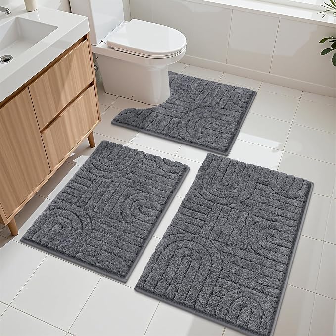 Vaukki Grey Bathroom Rugs Sets 3 Piece, 32x20+26x18+24x20 Inch | Washable Non Slip Soft Bath Mats for Shower and Tub, Plush Absorbent Microfiber Toilet Rug U Shaped