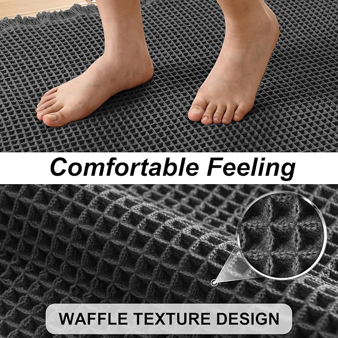 JIUZHEN Set of 2 Waffle Bath Mats Boho Bath Rugs 16"x24"+20"x32", Black | Non Slip, Super Absorbent, Washable, Ultra Soft, Fast Drying Waffle Bathroom Rugs for Bathroom Floor, Tub, Shower