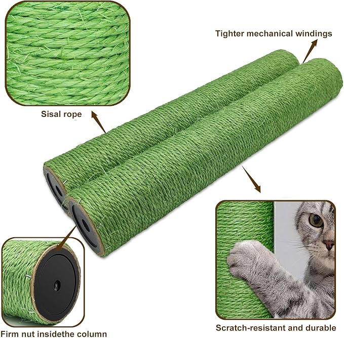 Cat Scratching Post Replacement for Cactus Cat Tree & Tower, Green 4 PCS 15.7in, Natural Sisal Replacement Parts with M8 Screws, Cute Green Cat Tree Refurbishment