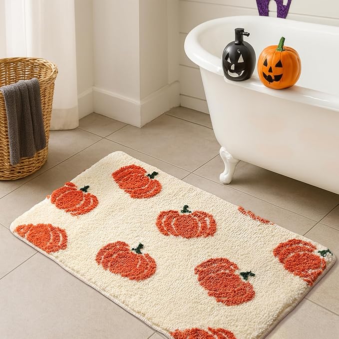 TRUEDAYS Beige Bathroom Rugs with Orange Pumpkins, Cute Bath Mat for Halloween and Thanksgiving, Soft Non Slip Farmhouse Mats Funny Indoor Rug Home Decor Fall and Autumn