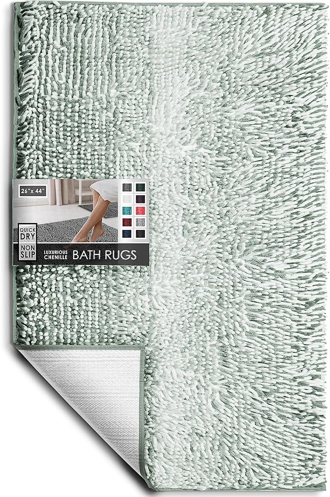 Hearth & Harbor Bathroom Rugs, Chenille Bath Mat - Machine Washable Bath Mats for Bathroom Non-Slip Backing Rubber, Quick Dry Bathroom Mat, 26 x 44 - Ombre Green