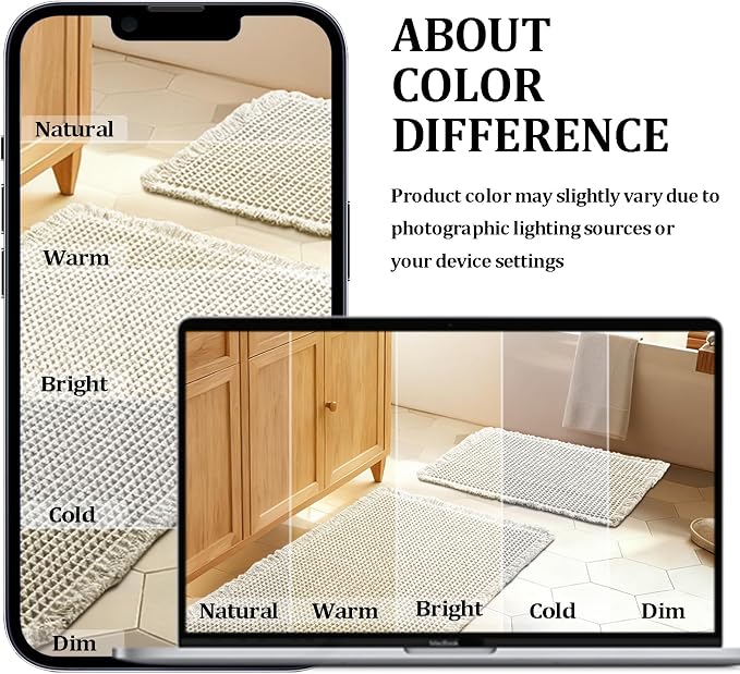 JIUZHEN Set of 2 Waffle Bath Mats Boho Bath Rugs 16"x24"+20"x32", Ivory | Non Slip, Super Absorbent, Washable, Ultra Soft, Fast Drying Waffle Bathroom Rugs for Bathroom Floor, Tub, Shower