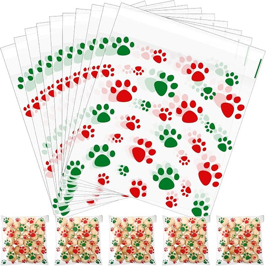 Pasimy 200 Pcs Paw Plastic Bags Pet Cellophane Bags Self-adhesive Clear Treat Pouches for Pet Dog Theme Party Supplies Decor (Christmas Color)