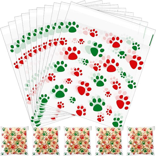 Pasimy 100 Pcs Paw Plastic Bags Pet Cellophane Bags Self-adhesive Clear Treat Pouches for Pet Dog Theme Party Supplies Decor (Christmas Color)