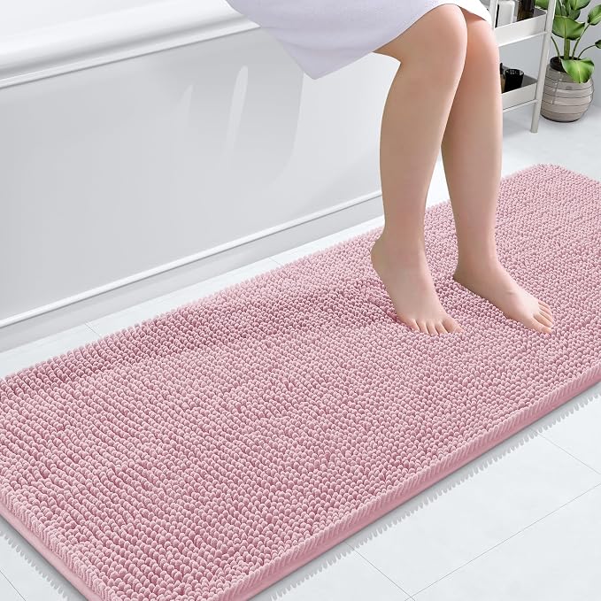 OLANLY Bathroom Runner Rugs 59x24, Extra Soft Absorbent Chenille Bath Rugs | Dusty Rose, Quick-Drying Rubber Backing, Washable Long Bath Mat for Bathroom Floor, Tub and Shower, Home Decor Accessories