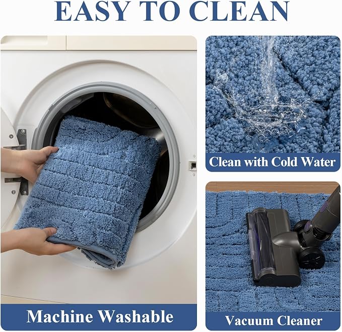 Vaukki Blue Bathroom Rugs Sets 3 Piece, 32x20+26x18+24x20 Inch | Washable Non Slip Soft Bath Mats for Shower and Tub, Plush Absorbent Microfiber Toilet Rug U Shaped
