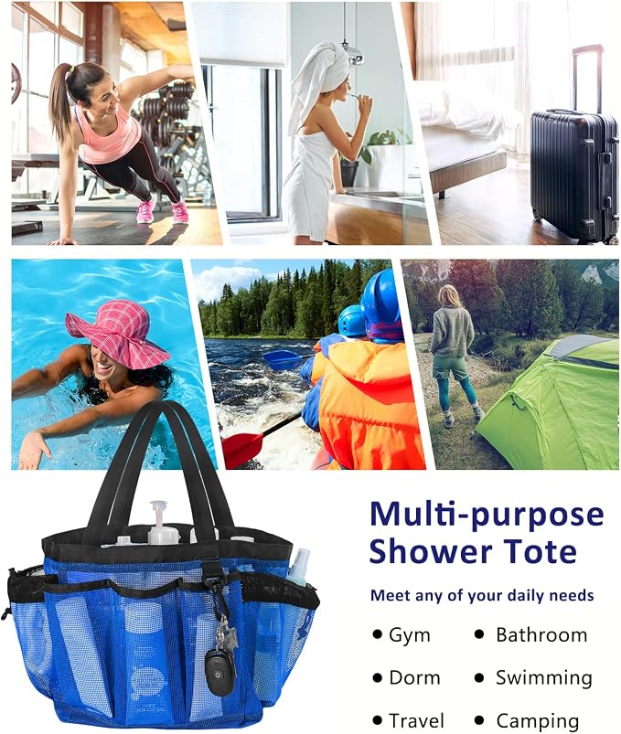 Moyad Large Mesh Shower Caddy Bag for College Dorm Room Essentials with 8 Pockets, Hanging Portable Shower Tote Bag Travel Shower Caddy Basket Toiletry Accessories for Bathroom, Klein Blue