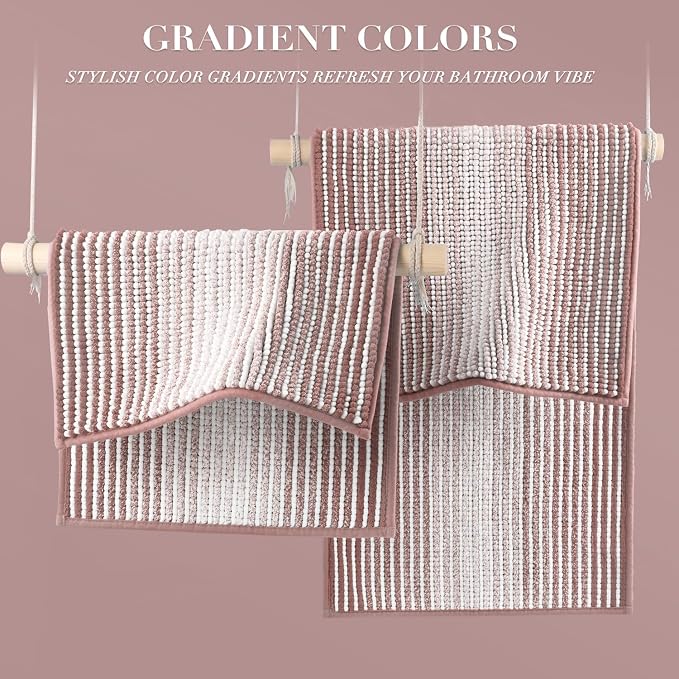 Bathroom Rugs Sets 2 Piece, Non Slip Striped Bath Mats, Mist Pink | 20"x32" Plus 16"x24"，Soft Absorbent Chenille, Quick Dry Machine Washable, Shower Rug for Bathroom Floor, Tub, Bedroom Decor
