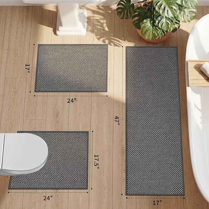 YIHOUSE Thin Bath Mat Darkgrey Bathroom Rugs Sets 3 Pieces, Non Slip Absorbent Bath Mats Quick Dry, Woven Braided Rugs Washable, Tapetes para Baño for Bathroom,Bathtub(17.5"x24"U+17"x24"+17"x47")