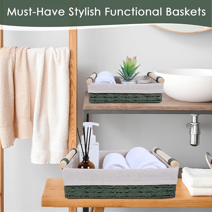 Wicker Storage Basket with Wooden Handle – Paper Rope Decorative Toilet Paper Baskets & Bathroom Organizer for Toilet Tank Top, Shelves, Bedroom, Countertop,Home,Office Storage Bins, 2 Pack,Dark Green