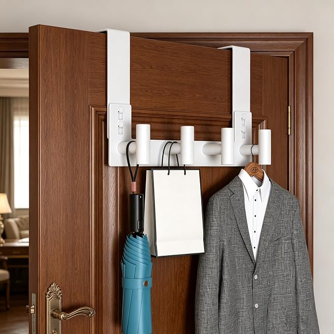 PMMASTO Over The Door Hooks, Fits 1-3/4" Thick Door No Drill Hooks for Closet Bathroom Bedroom Organization, Hanger for Coat Towel Robe (White, 4 T-Hooks)