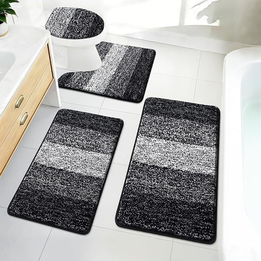 Bsmathom Bathroom Rug Set 4 Piece, Plush Microfiber Bath Mat, Black | Super Water Absorbent, Non Slip Machine Washable Bath Rug Sets with Toilet Lid Cover and U-shaped Contour Toilet Mat
