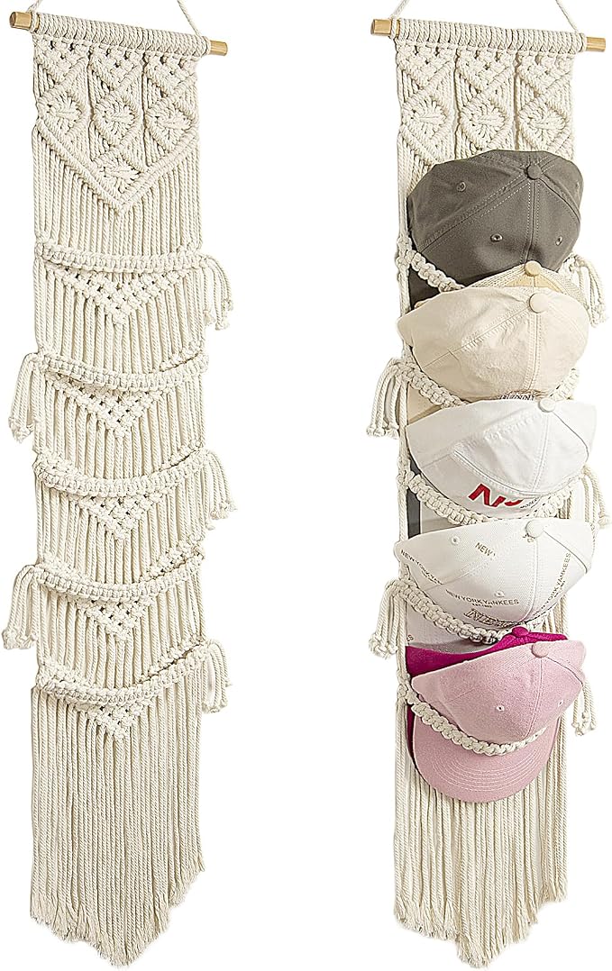 jontell Cap Holder-3 Pack-Hat Organizer for 30 Baseball Caps, Macrame Hat Rack for Wall, Cap Rack for Decoration and Display, Boho Handmade Cap Hanger Over Door Organizer
