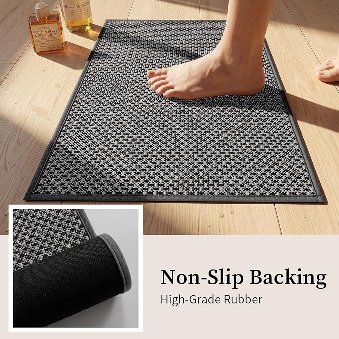 YIHOUSE Thin Bath Mat Dark Grey Bathroom Rugs Sets 3 Pieces, Non Slip Absorbent Bath Mats Quick Dry, Woven Braided Rugs Washable, Tapetes para Baño for Bathroom,Bathtub(17"x24"+17"x32"+17"x32")