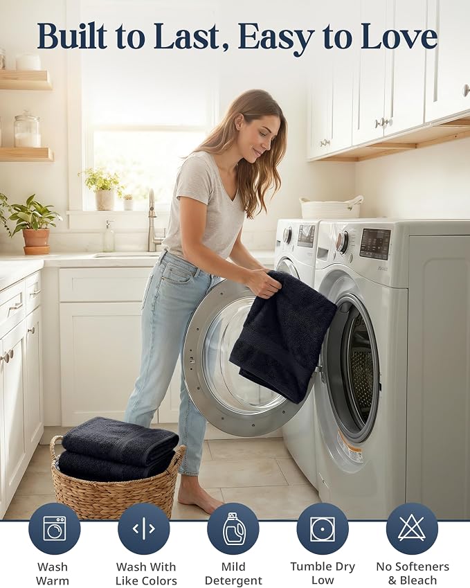 LANE LINEN Bath Towel Set Quick Dry 100% Cotton 16 Piece Soft - Black | Cotton Bath Towels - Classic Terry Weave, Densely Woven & Durable, Easy-Care, Coordinated Colors