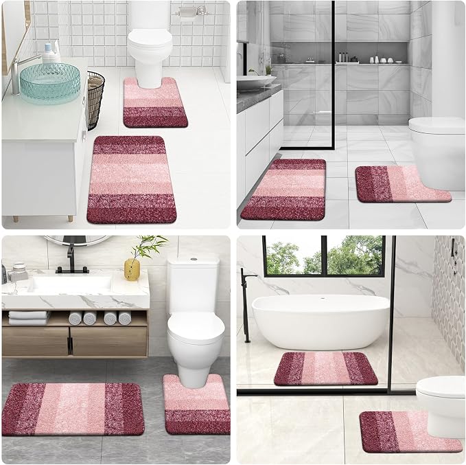 OLANLY Microfiber Bathroom Rugs Sets 3 Piece, 30"x20"+24"x16"+24"x20" | Red, Soft Absorbent Bath Mats and U-Shaped Contour Toilet Rug, Machine Wash Dry, Plush Shaggy Bath Mat Set for Bathroom
